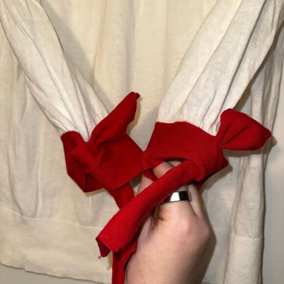 Boden Women’s Small Linen Blend Crew Sweater Cream Red 3/4 Bow Sleeves EUC - Picture 3 of 11
